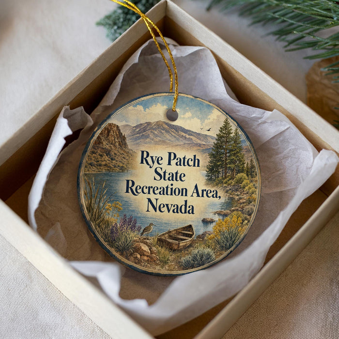 A decorative ornament in a white box, featuring a scenic landscape with mountains, a lake, and a boat, along with the text "Rye Patch State Recreation Area, Nevada".