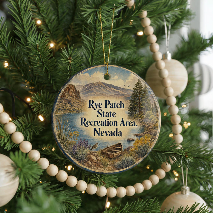 A round ornament hanging on a Christmas tree, featuring a scenic landscape with mountains, a lake, and a bird.