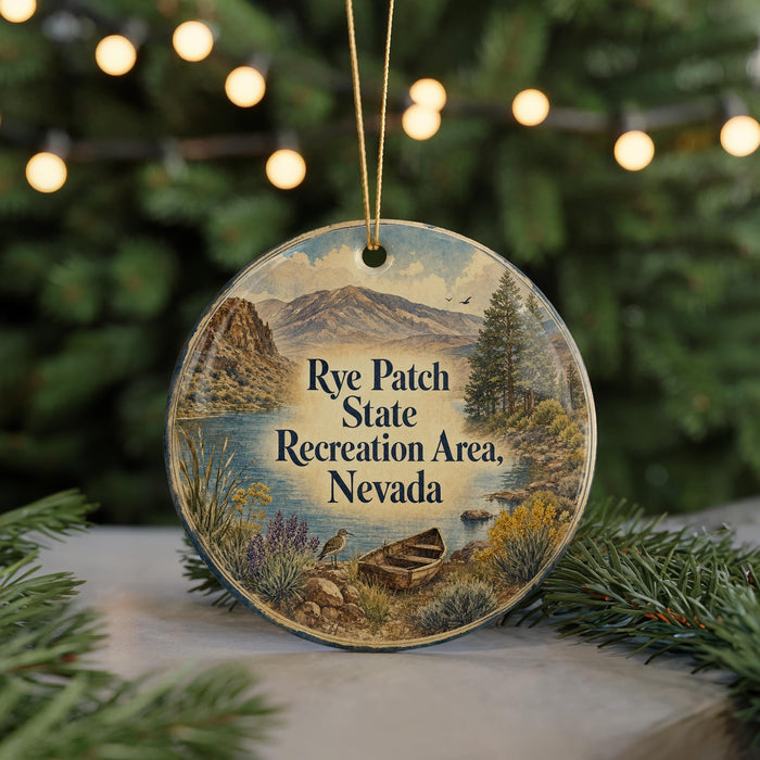 A round ornament with a scenic landscape featuring mountains, a lake, and a boat, hanging from a string.