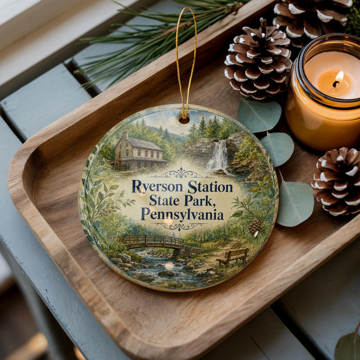 A decorative ornament featuring a scenic image of Rverson Station, a historic landmark in Pennsylvania, surrounded by pine cones and a lit candle on a wooden tray.