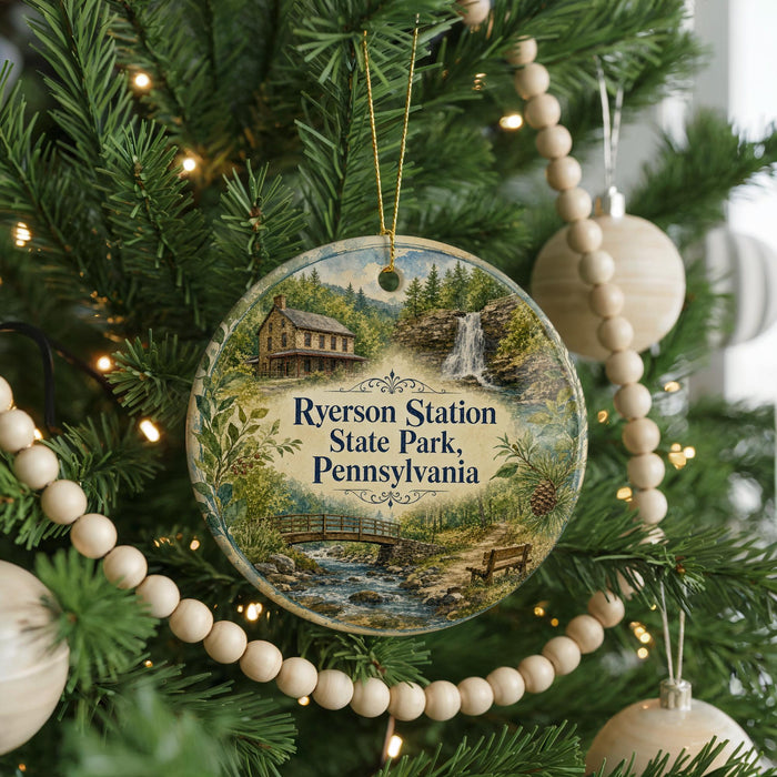 A round ornament hanging on a Christmas tree, featuring a scenic image of Ryserson Station State Park, Pennsylvania.