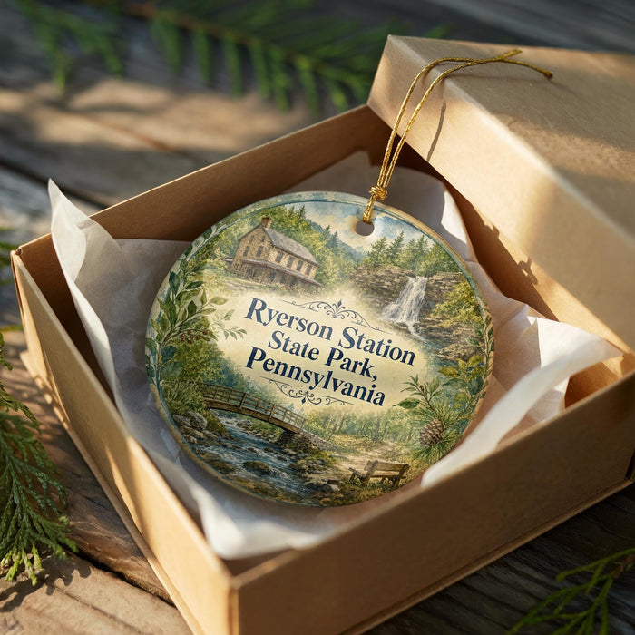 A decorative ornament in a box, featuring a scenic landscape with a house, trees, and a waterfall.