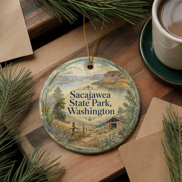 A decorative ornament featuring a scenic landscape of Sacajawea State Park, Washington, with pine branches and a cup of coffee on a wooden surface.