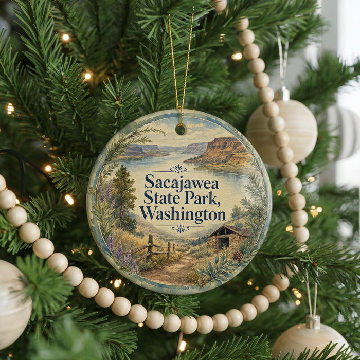 A round ornament hanging on a Christmas tree, featuring a scenic landscape with mountains and a cabin.