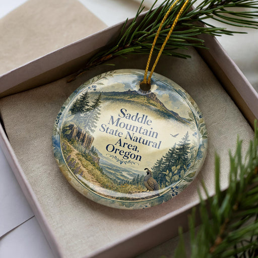 A decorative ornament in a box, featuring a scenic landscape with mountains, pine trees, and a bird.