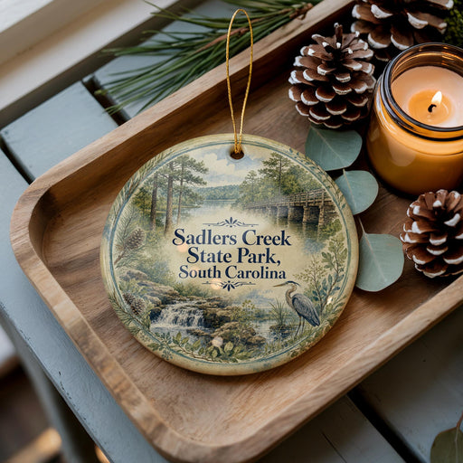 A decorative ornament featuring a scenic image of Saddlers Creek State Park in South Carolina, with pine cones and a lit candle on a wooden tray.