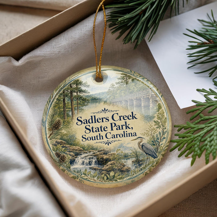 A decorative ornament with a scenic image of Sadlers Creek State Park, South Carolina, hanging from a string.
