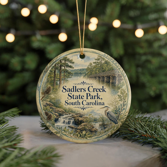 A round ornament with a scenic image of Sadlers Creek State Park, South Carolina, featuring a heron and a waterfall.