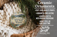 Ceramic ornaments, specifically those shaped like salmon lakes and state parks, are displayed in a basket. The text highlights the ornaments as "cozy, high-quality prints" and "vibrant & long lasting", with a description of their shipping speed and packaging. The image also includes a logo for "Flying Pig - SIGN COMPANY".