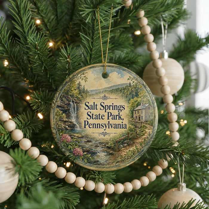 A round ornament hanging on a Christmas tree, featuring a scenic landscape with a waterfall and a house.