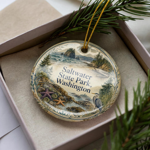 A decorative ornament in a box, featuring a scenic landscape with a body of water, mountains, and pine trees.