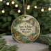 A round ornament with a scenic landscape featuring a waterfall, a cabin, and pine trees, with the text "Sam A. Baker State Park, Missouri" displayed on it.