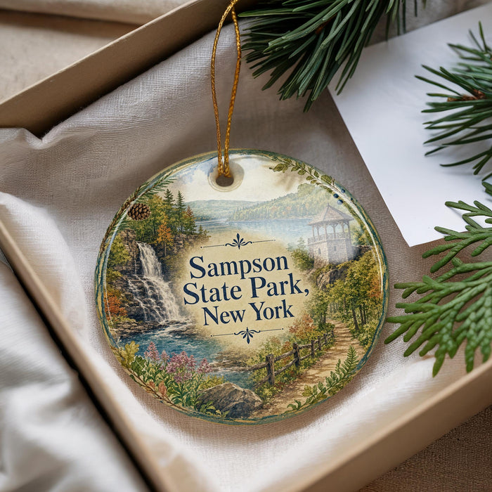 A decorative ornament with a scenic landscape of Sampson State Park, New York, featuring a waterfall and a path leading through the forest.