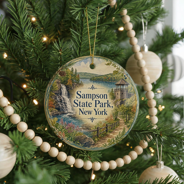 A round ornament hanging on a Christmas tree, featuring a scenic landscape with a waterfall and a gazebo.
