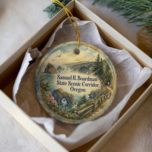 A decorative ornament in a box, featuring a scenic landscape with mountains, forests, and a winding path.