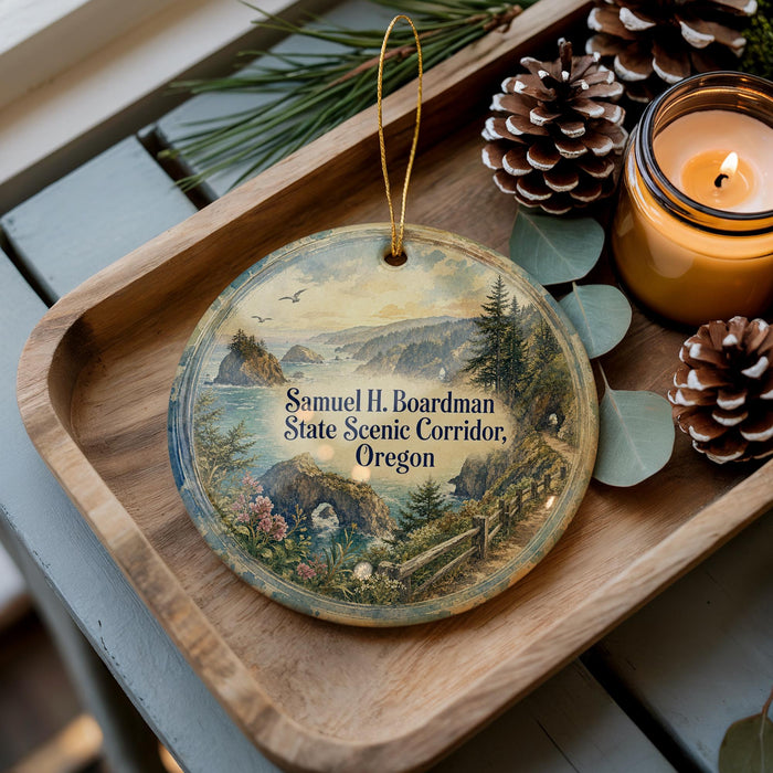 A wooden tray with a decorative ornament featuring a scenic landscape, pine cones, and a lit candle.