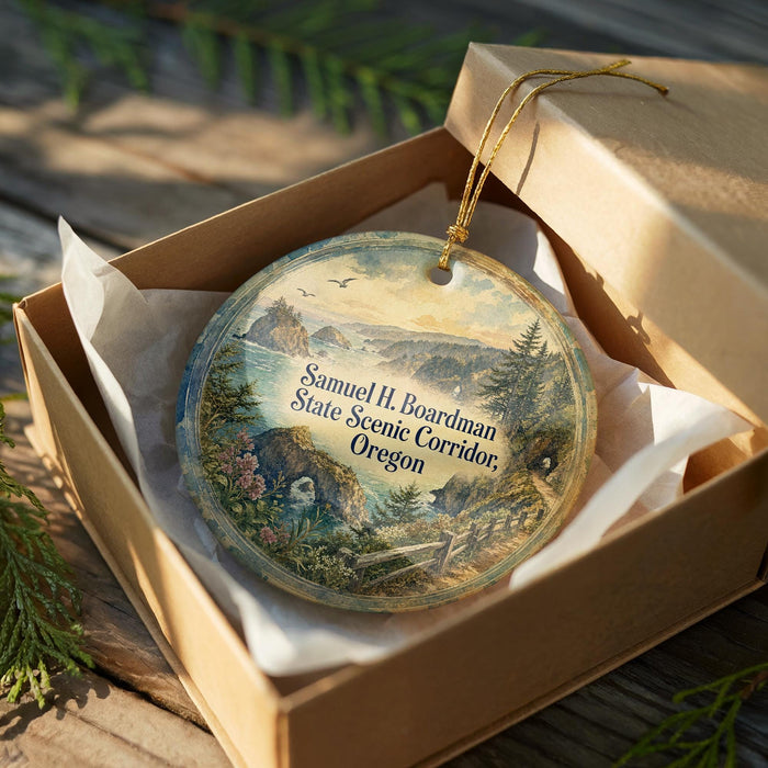 A round ornament with a scenic landscape and text, placed in a cardboard box with a gold string.