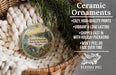 Ceramic ornaments, featuring a scenic landscape with a river and mountains, are displayed in a basket. The text highlights the ornaments as "Ceramic Ornaments" and mentions their features such as "Cozy, high-quality prints", "Vibrant & long lasting", "Shipped fast in with holiday packaging", and " Won't peel or fade over time".