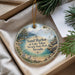 A decorative ornament with a scenic image of Sand Harbor at Lake Tahoe, Nevada, surrounded by pine trees and mountains.