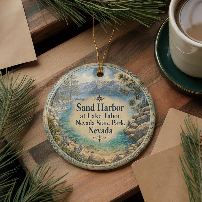 A decorative ornament featuring a scenic image of Lake Tahoe, Nevada State Park, with the text "Sand Harbor at Lake Tahoe Nevada State Park, Nevada" prominently displayed.