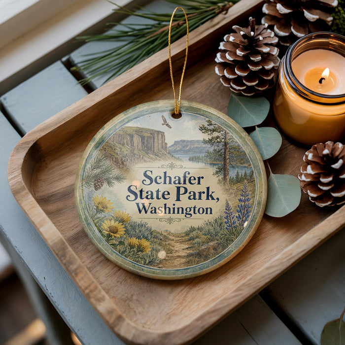 A wooden tray with a decorative ornament featuring a scenic landscape of Schafer State Park in Washington, accompanied by pine cones and a lit candle.