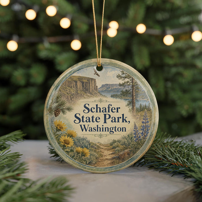 A round ornament with a scenic image of a park, featuring a mountain, lake, and pine trees, is hanging from a string.