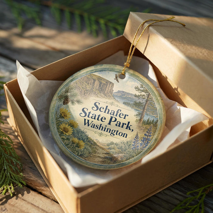 A round ornament in a brown box, featuring a scenic landscape with mountains, pine trees, and a winding path, is displayed on a wooden surface.