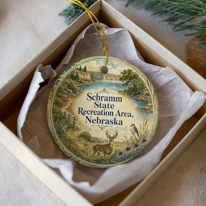 A decorative ornament in a box, featuring a scenic landscape with a deer, a bird, and a body of water.