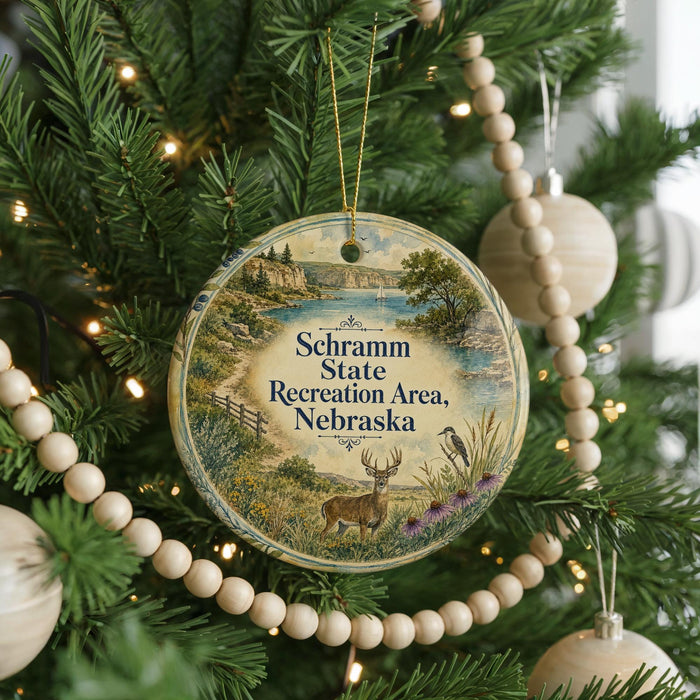 A round ornament hanging on a Christmas tree, featuring a scenic landscape with a deer, a bird, and a body of water.