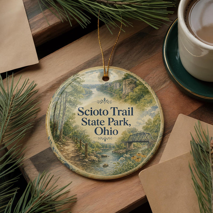 A round ornament with a scenic illustration of a trail and a bridge, surrounded by pine branches and a cup of coffee on a wooden surface.