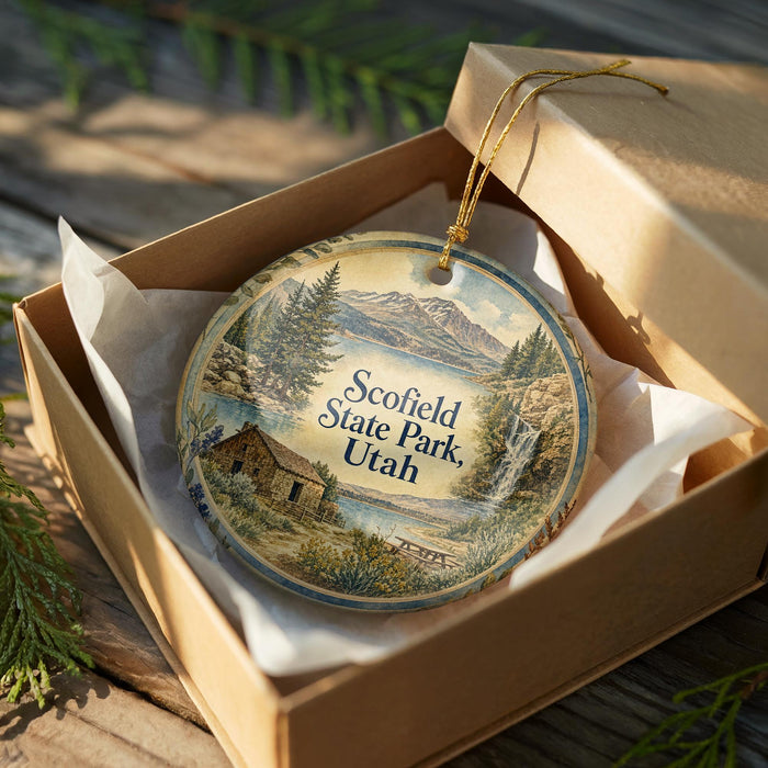 A round ornament in a box, depicting a scenic landscape with mountains, trees, and a cabin, is displayed on a wooden surface.