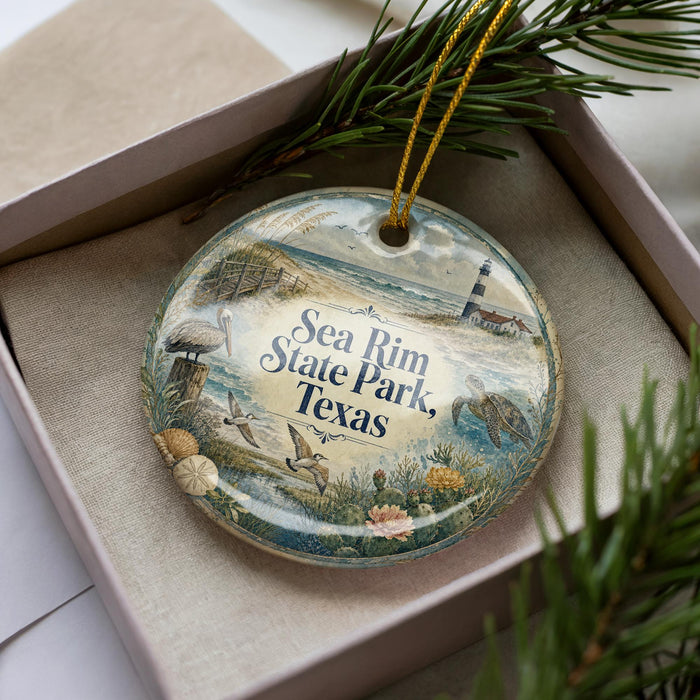 A decorative ornament in a box, featuring illustrations of sea birds, a lighthouse, and a beach scene, with the text "Sea Rim State Park, Texas" prominently displayed.