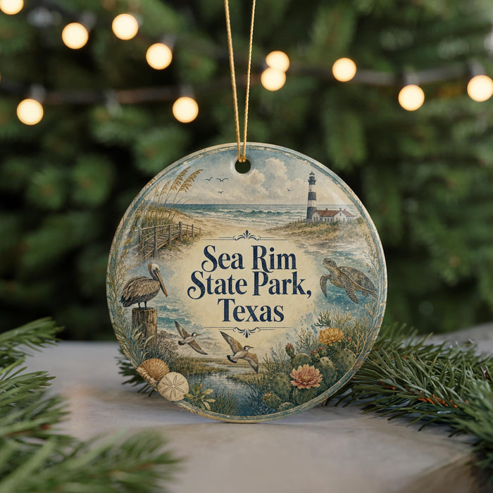 A round ornament with a lighthouse and beach scene, featuring a bird, turtle, and palm tree, is displayed on a table with a blurred background of greenery and lights.