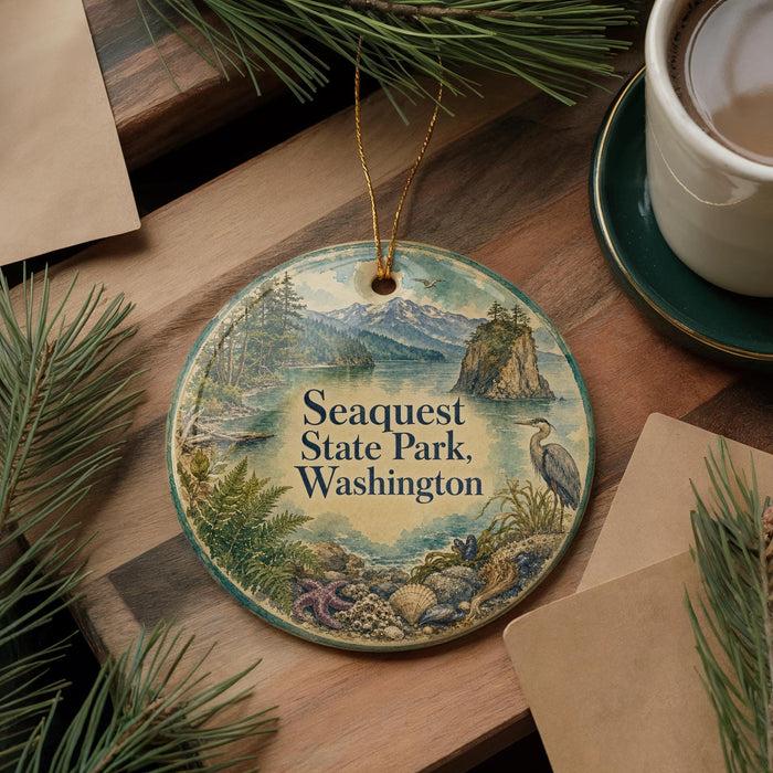 A decorative ornament with a scenic image of Sequest State Park, Washington, featuring a bird, pine trees, and a body of water.