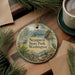 A decorative ornament with a scenic image of Sequest State Park, Washington, featuring a bird, pine trees, and a body of water.