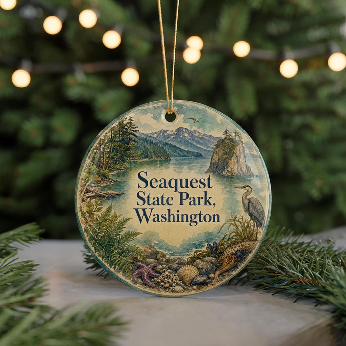A round ornament with a scenic landscape of mountains, trees, and a bird, hanging from a string.