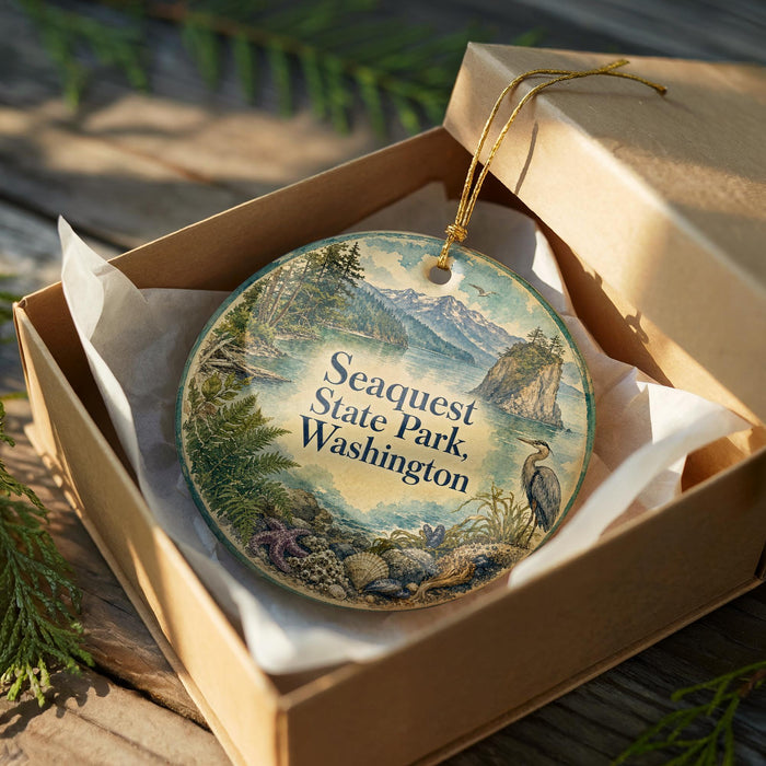 A decorative ornament in a wooden box, featuring a scenic landscape with mountains, trees, and wildlife.