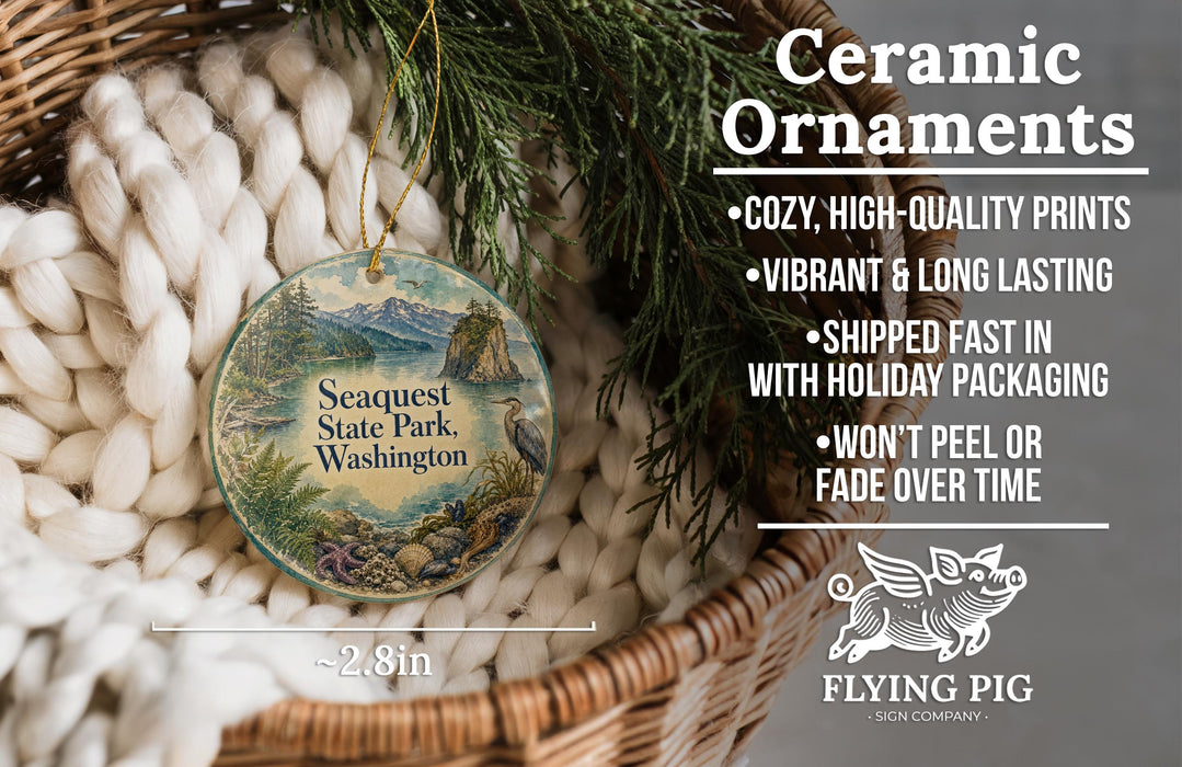 Ceramic ornaments, specifically Sequest State Park ornaments, are displayed in a basket with pine branches. The text highlights the ornaments as cozy, high-quality prints, vibrant, long-lasting, and shipped fast with holiday packaging. The ornaments are not to be peeled or faded over time. The image is a collage of several images, and the text is not a description of each individual image but rather a summary of the content.