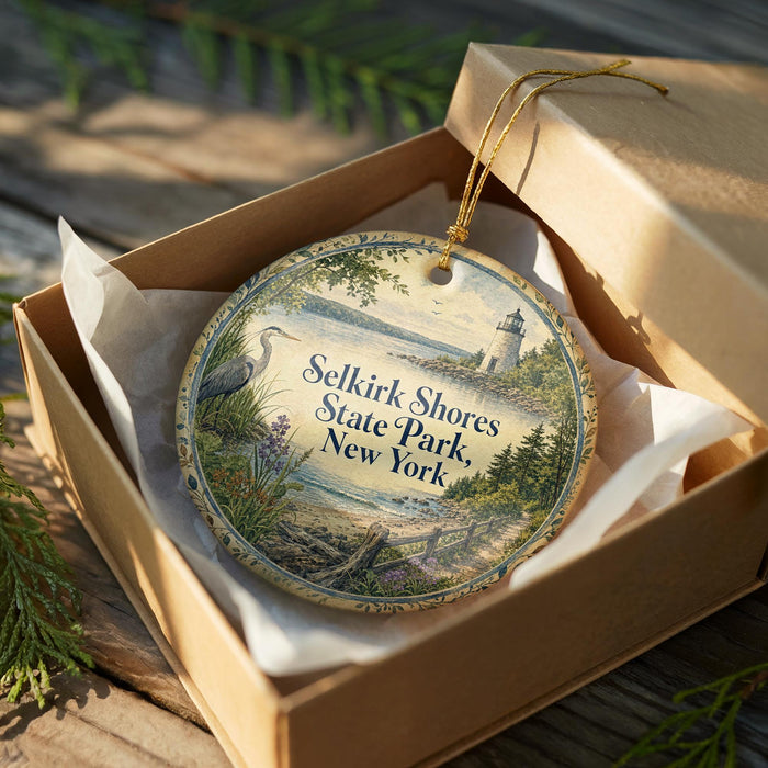 A decorative ornament in a box, featuring a scenic image of the Selkirk Shores State Park in New York.