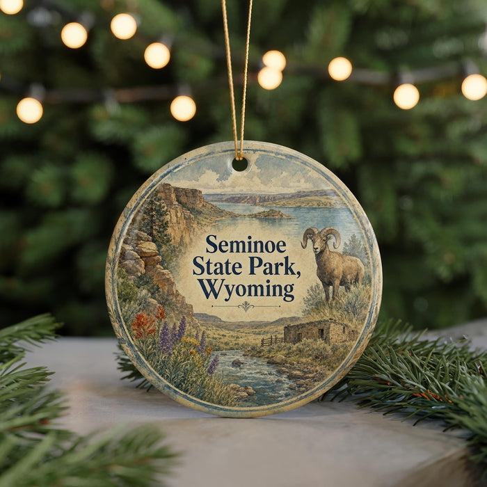 A round ornament with a scenic illustration of Seminoe State Park, Wyoming, featuring a bighorn sheep in the foreground.