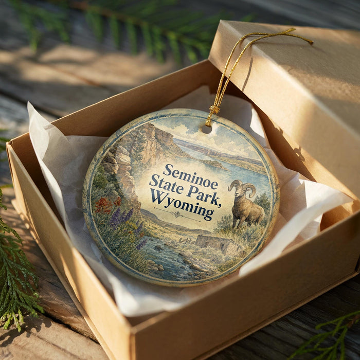 A decorative ornament in a wooden box, featuring a scenic landscape with a mountain, river, and wildlife.
