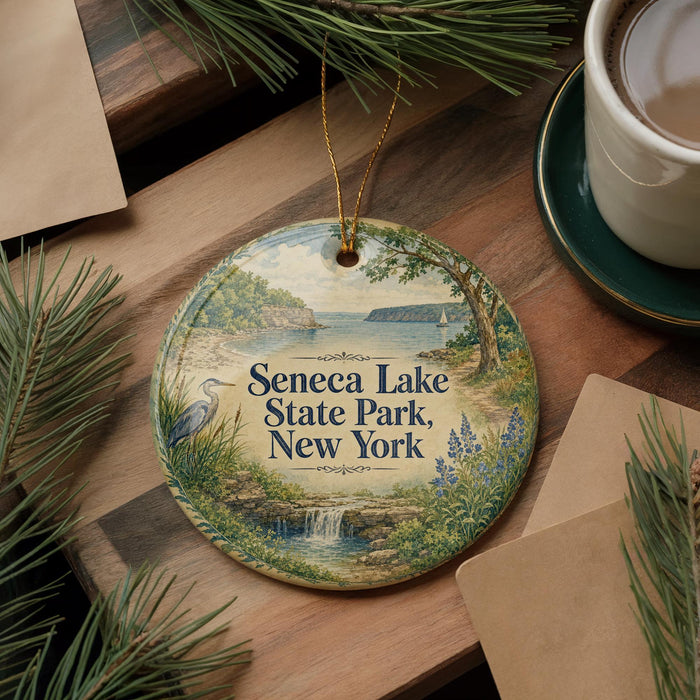 A decorative ornament featuring a scenic image of Seneca Lake State Park, New York, with a bird and a waterfall in the foreground.