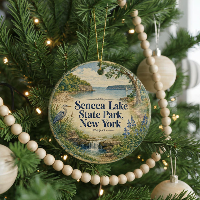 A round ornament hanging on a Christmas tree, featuring a scenic image of Seneca Lake State Park, New York.