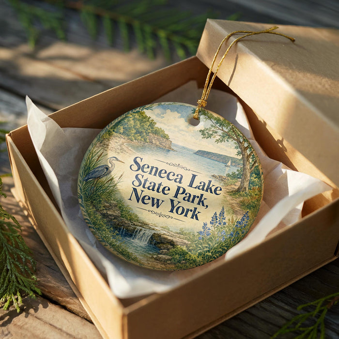 An ornamental ornament in a brown box, featuring a scenic landscape with a lake, waterfall, and surrounding greenery.