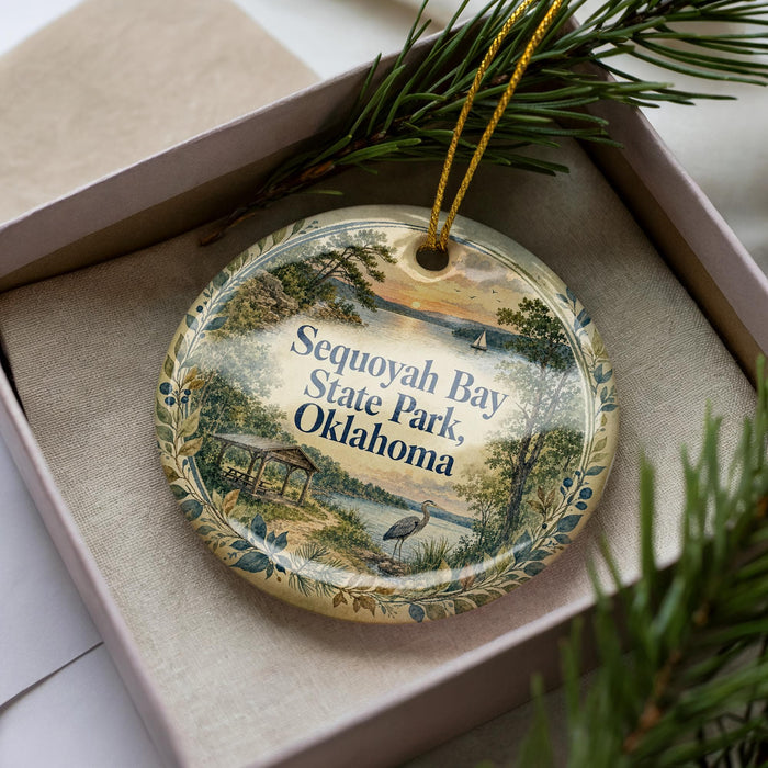 A decorative ornament in a box, featuring a scenic landscape with a body of water, trees, and a bird.