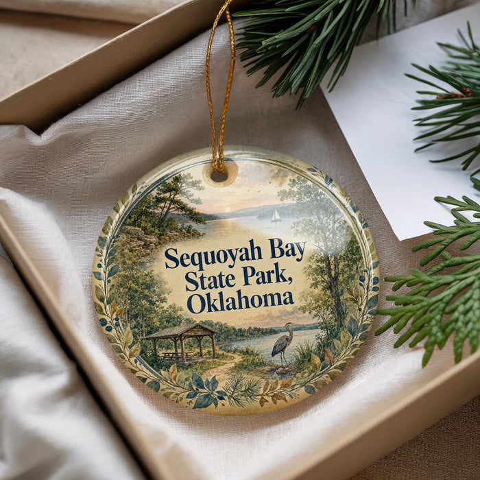 A decorative ornament with a scenic image of Sequoyah Bay State Park, Oklahoma, hanging from a string.