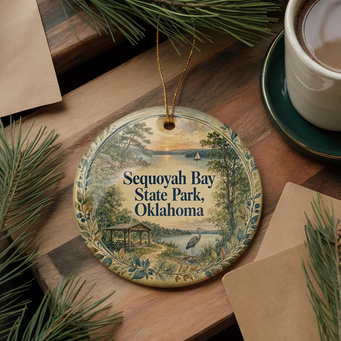 A decorative ornament featuring a scenic view of Sequoyah Bay State Park, Oklahoma, with pine branches and a cup of coffee nearby.
