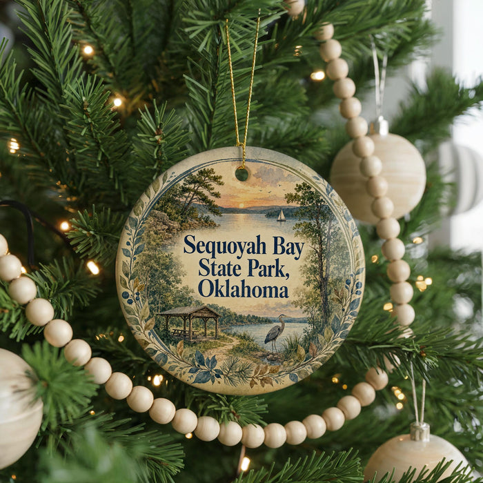 A Christmas tree decorated with ornaments, including a circular ornament with a scenic view of Sequoyah Bay State Park, Oklahoma.
