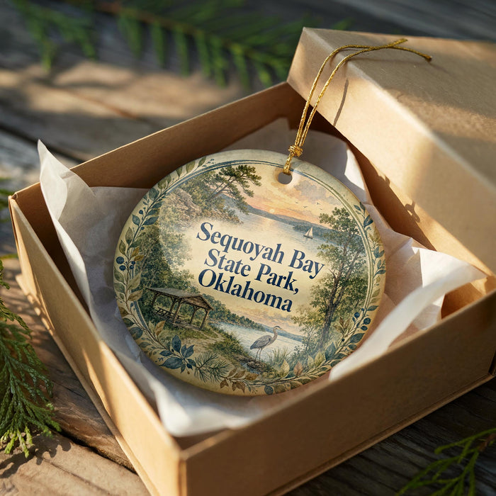 A decorative ornament in a wooden box, featuring a scenic landscape with a lake, trees, and a bird, along with the text "Sequoyah Bay State Park, Oklahoma".