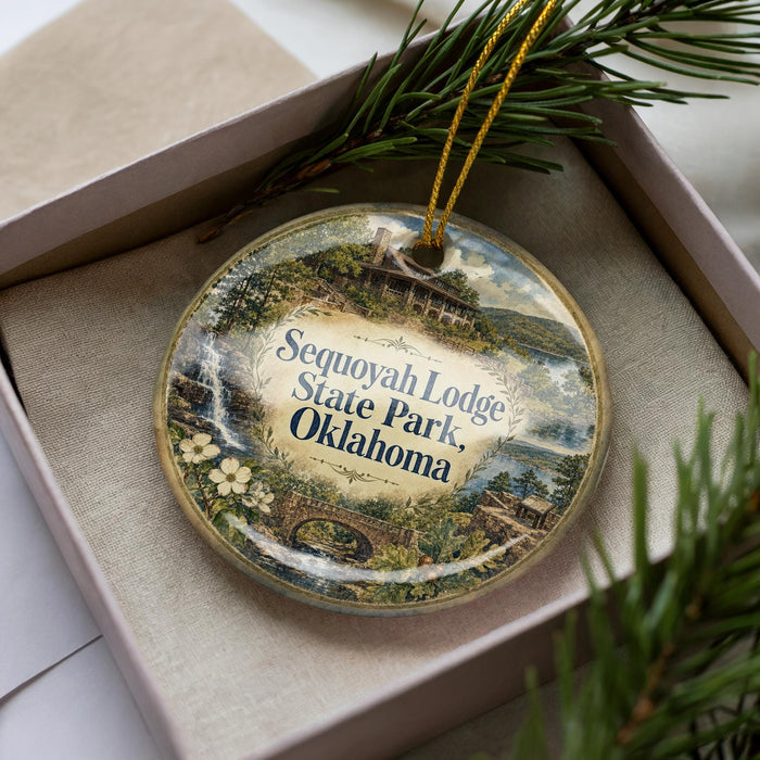 A decorative ornament in a box, featuring a scenic image of Sequoyah Lodge in Oklahoma State Park, with greenery and a natural landscape surrounding it.